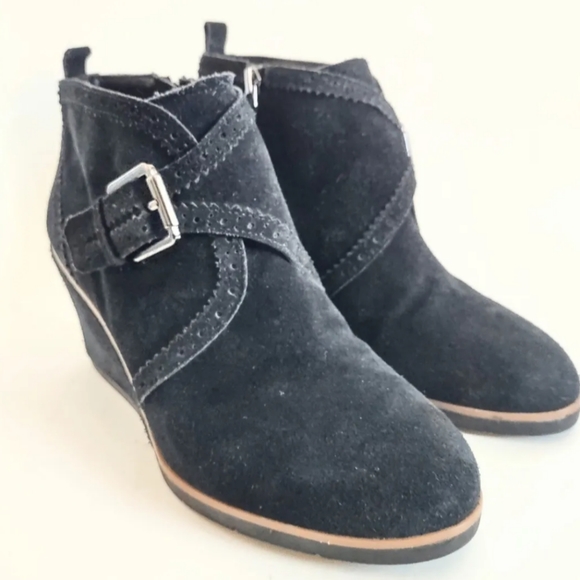 Franco Sarto Boot 7 M Arielle Wedge Buckle Monk Strap Ankle Bootie Black Leather - Picture 2 of 8